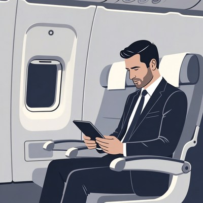 Businessman reading on flight