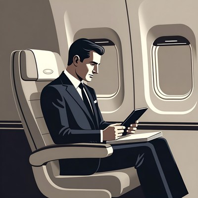 Businessman using device on airplane