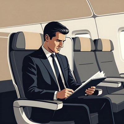 Traveling businessman in airplane seat