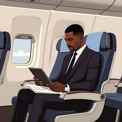 Businessman reading on airplane