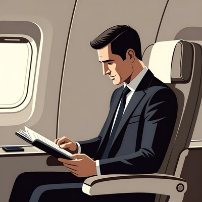 Businessman reads book on flight