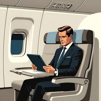 Businessman reading on airplane