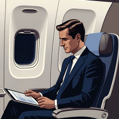 Businessman using tablet on flight