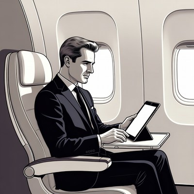 Suit man using tablet on flight