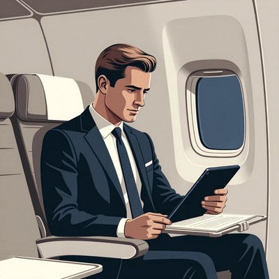 Businessman using tablet on flight