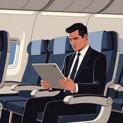 Man using tablet on airplane