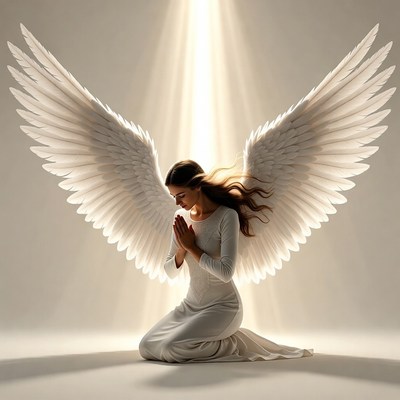 Angel kneeling with wings in light