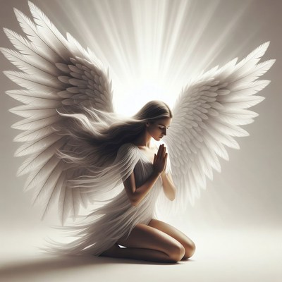 Woman kneeling with angel wings