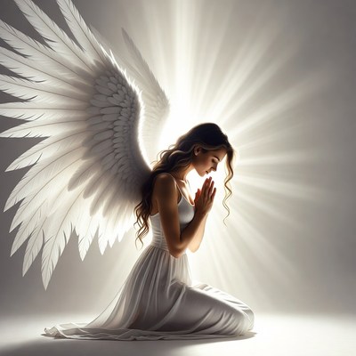 Woman with angel wings in prayer