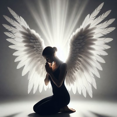 Woman kneeling with angel wings