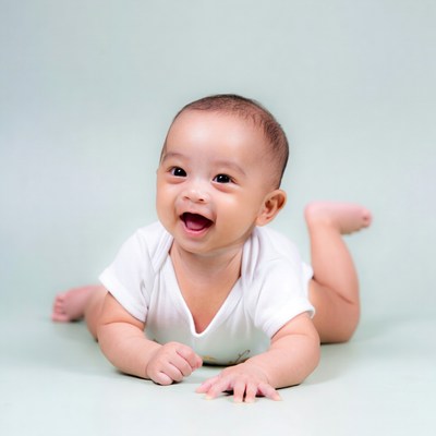 Baby smiling on a light surface