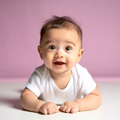 Baby smiling on pink background