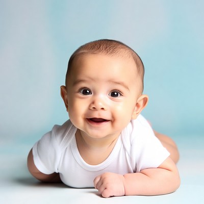 Baby smiling on a blue background