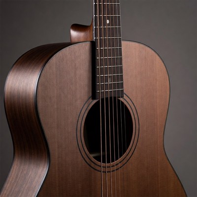 Close-up of wooden guitar strings and body