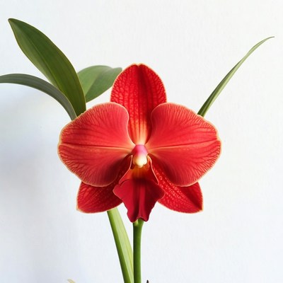 Red orchid blooms on a green stem