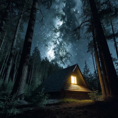 Cabin glow under starry sky