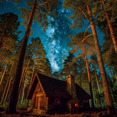 Forest cabin under starry sky