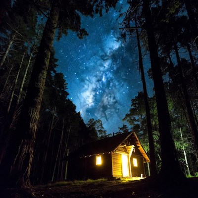 Milky way over cabin at night