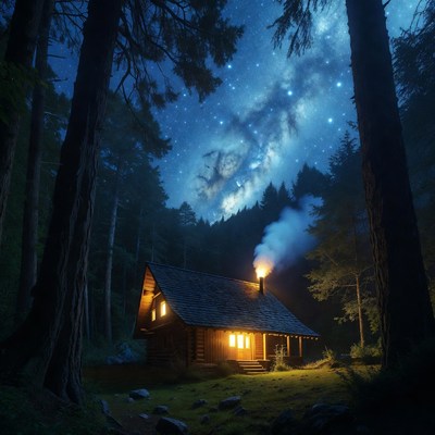 Cozy cabin at night with stars above
