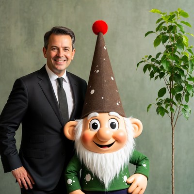Man and gnome pose together