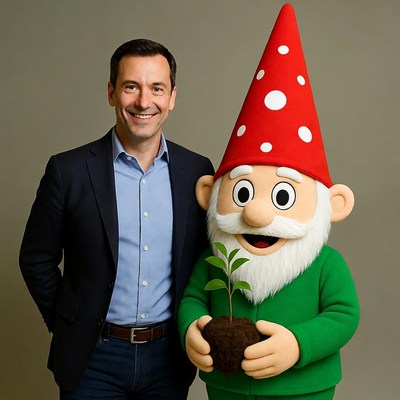 Man poses with garden gnome character