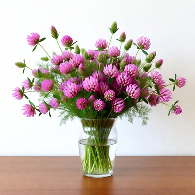 Pink flowers in clear vase on table
