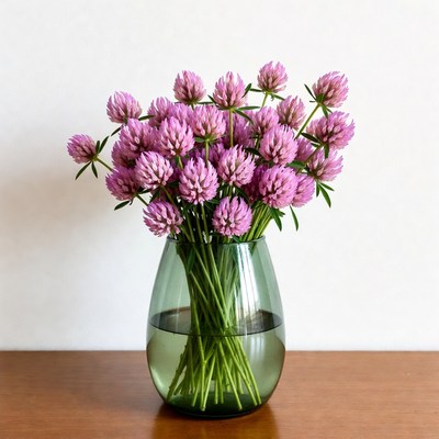 Pink flowers in clear vase on table