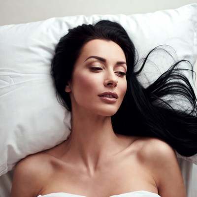 Woman lying on bed with calm expression