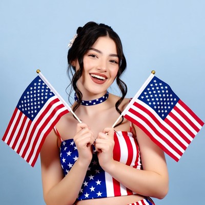 Celebration with flags in front of blue background