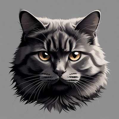 Cat face with golden eyes on gray background