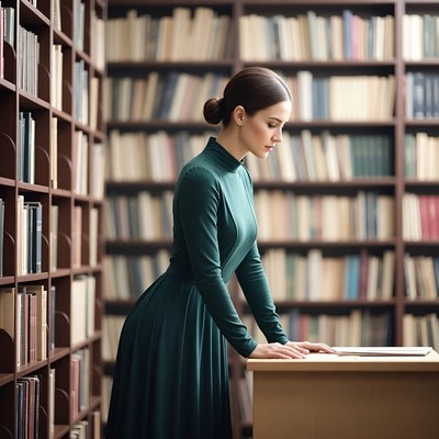 Woman reading in library at midday