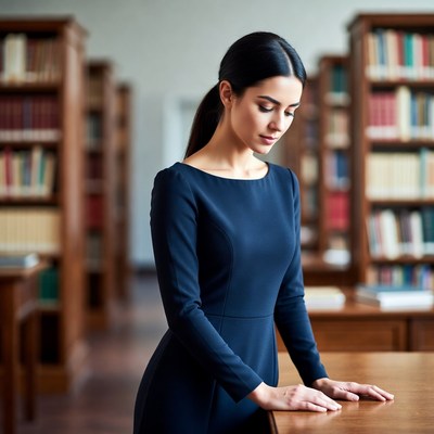 Woman studies in a library