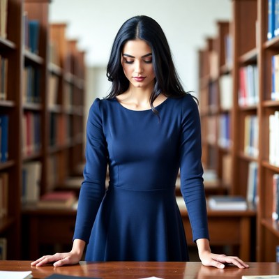 Young woman studies in library