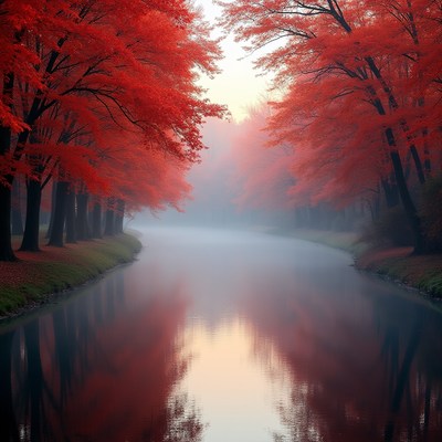 Autumn trees along a foggy river
