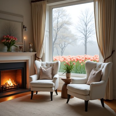 Cozy living room with tulips outside