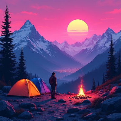 Camping by the fire at sunset