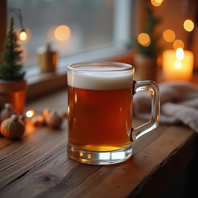 Beer on a wooden table near a window