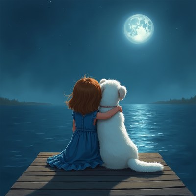 Girl and dog watch full moon