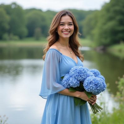 Smiling woman with flowers by water