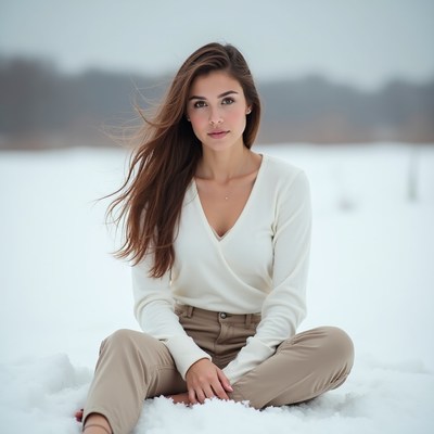 Young woman sits in snow