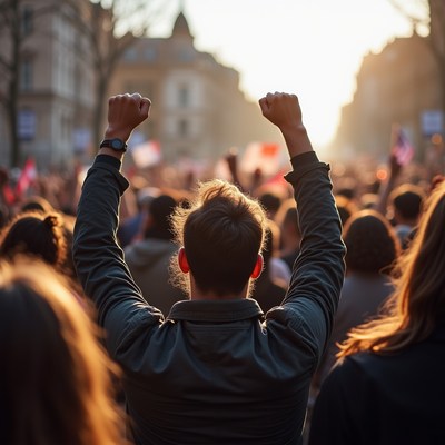 Crowd raises fists during protest at sunset