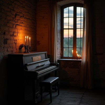 Piano by candlelight at sunset