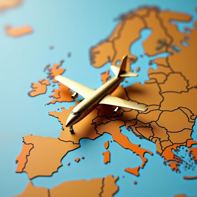 Airplane over europe map