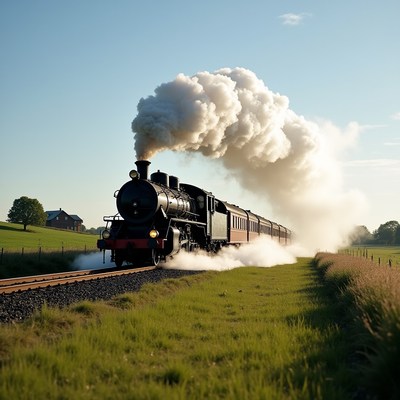 Steam train travels through countryside