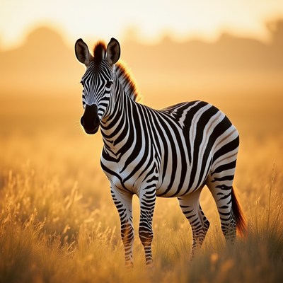 Zebra in golden grassland at sunset
