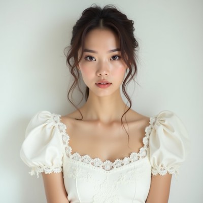 Young woman in white dress poses