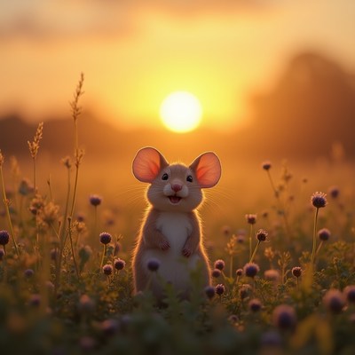 Mouse in a field at sunset