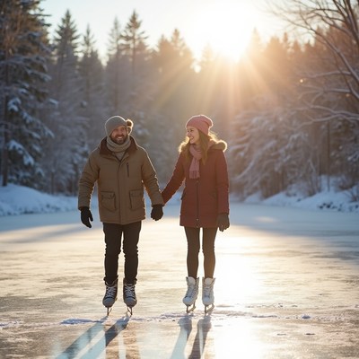 Couple skating on frozen lake in winter