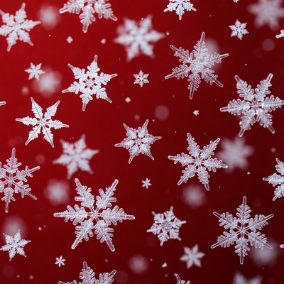 Snowflakes falling on red background