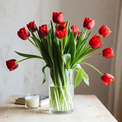 Red tulips in glass vase on wooden table